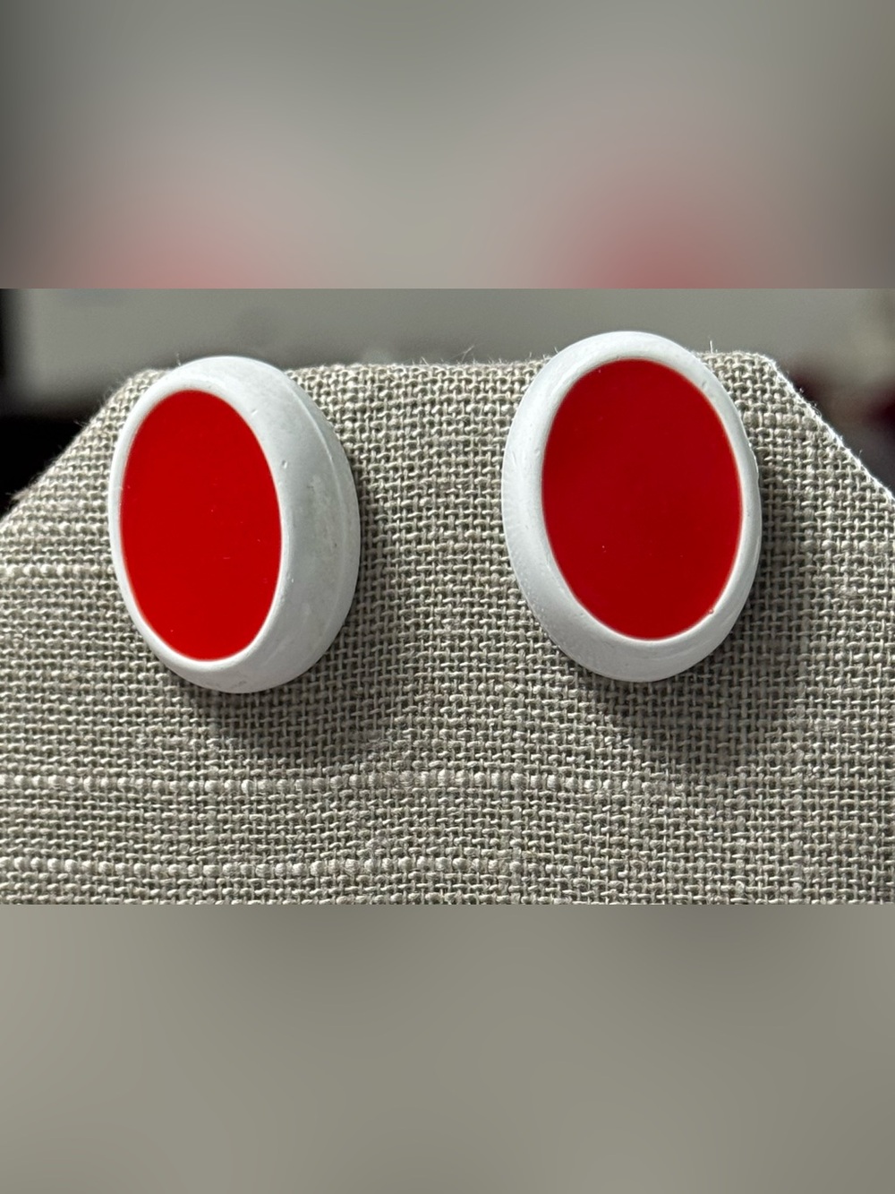 Red and White Enamel Metal Pierced Earrings marked L and R